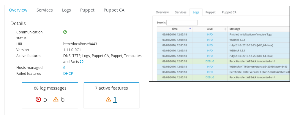 Smart proxy information page with logs tab inset